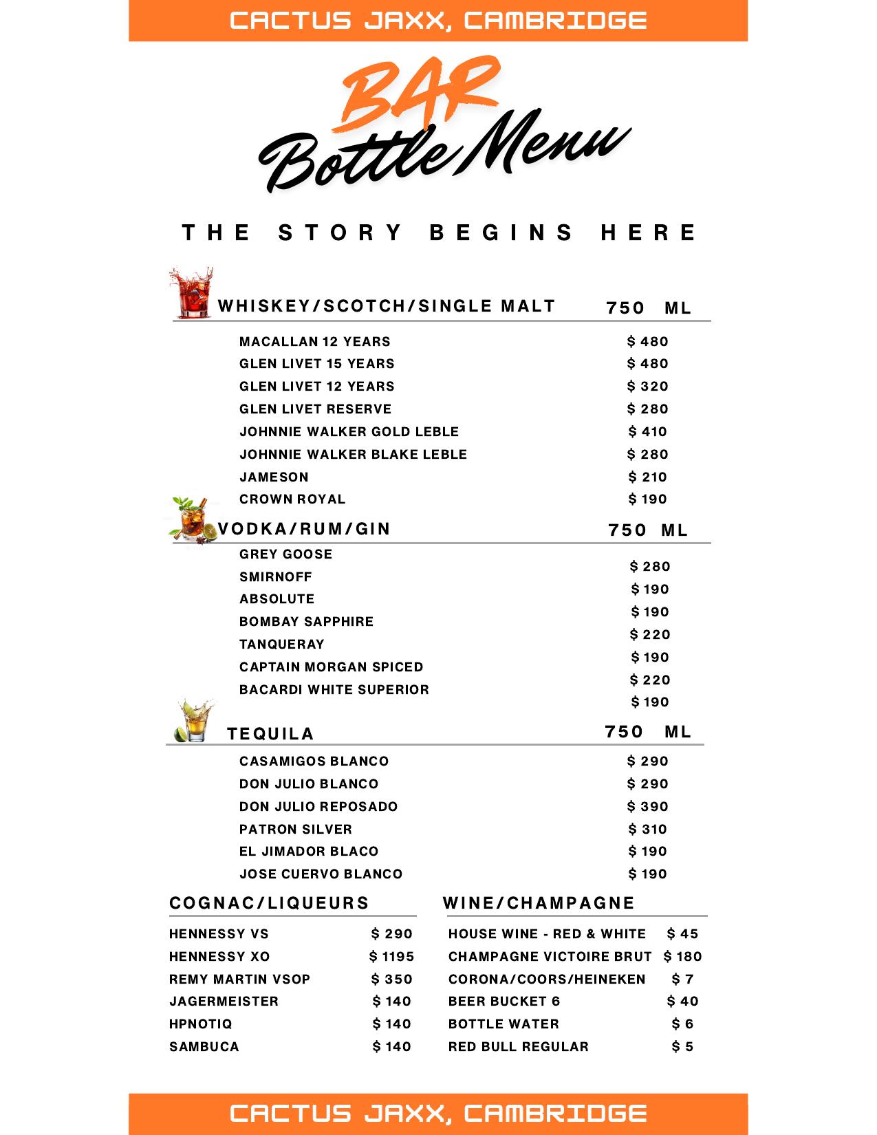 Bottle Service menu